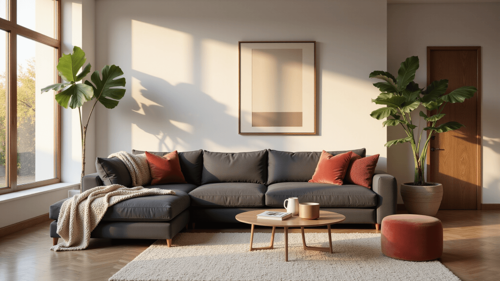"Modern Scandinavian living room interior with grey sectional sofa, chunky knit throws, velvet pillows, brass accents, and fiddle leaf fig plant in golden hour sunlight"