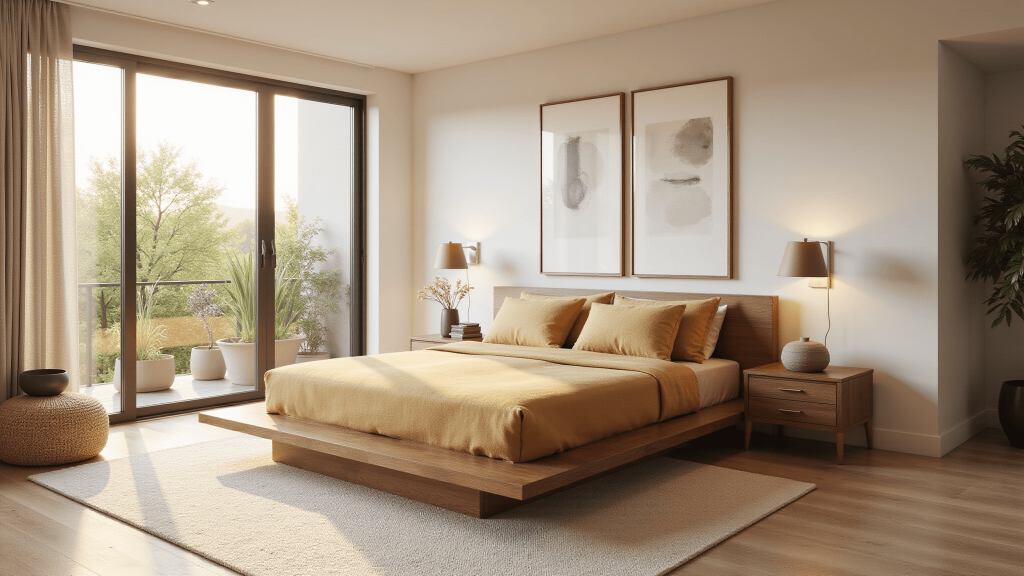 "Modern guest bedroom in neutral tones and soft golden light, featuring a queen bed, walnut nightstands, ceramic lamps, minimalist wall art and potted plants"