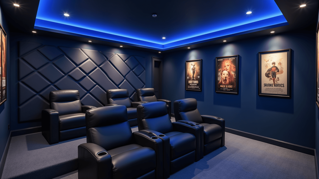 "Cozy home theater room with indigo walls, black leather recliners, blue LED crown lighting, acoustic panels, and vintage movie posters"