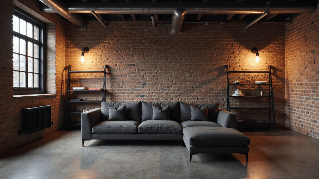 "Modern industrial basement lounge with charcoal grey sectional sofa, exposed brick walls, concrete floors, and brushed metal accents"