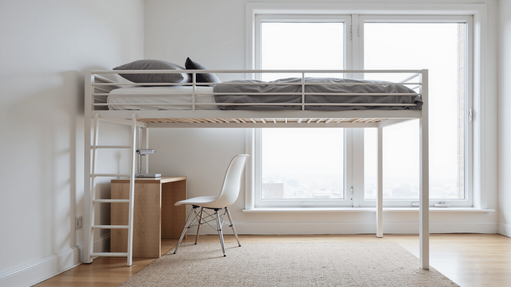 "Minimalist bedroom with white metal loft bed, compact workspace underneath, and large windows allowing morning light."