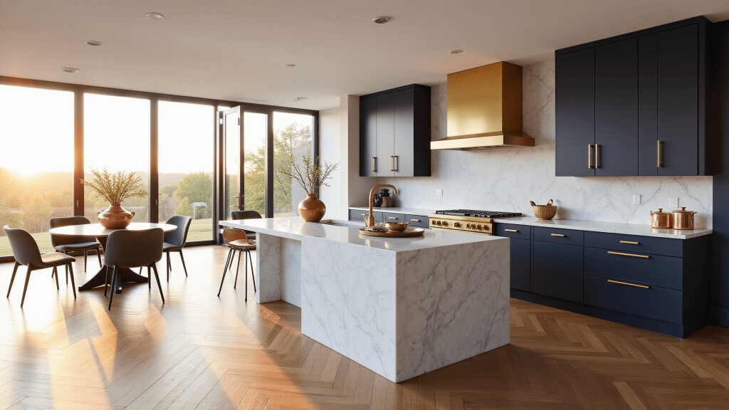 "Modern luxury kitchen with Calacatta marble island, navy blue cabinets, brass accents and floor-to-ceiling windows during golden hour"