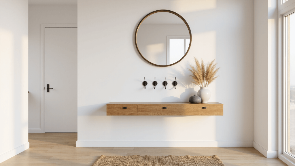 "Modern minimalistic entryway with floating oak console, round brass mirror, black coat hooks, jute runner and pampas grass in morning light"