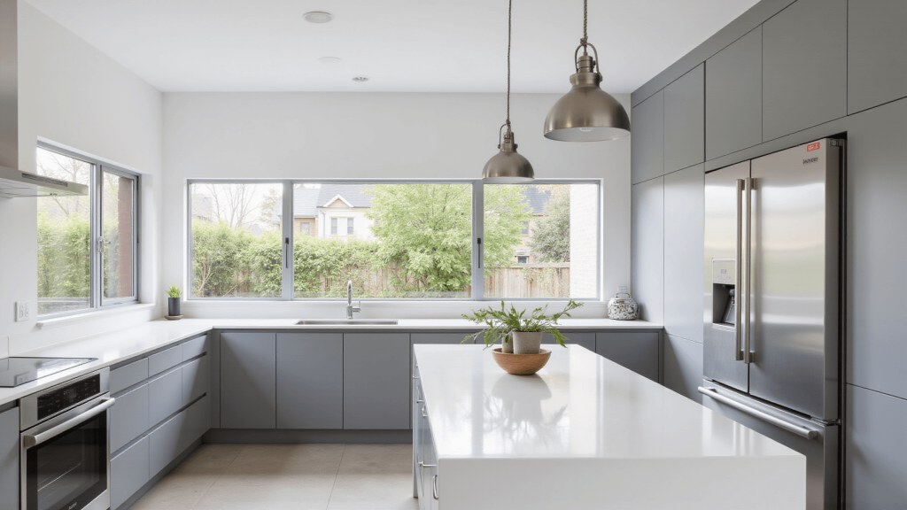 "Modern minimalistic small kitchen with white quartz countertops, gray cabinets, pendant lights and morning sunlight"