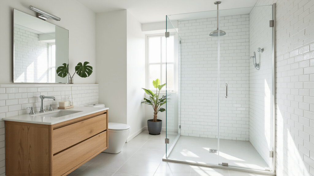 "Modern minimalist bathroom with white subway tiles, floating oak vanity, glass shower, chrome fixtures, and monstera plant in morning light"