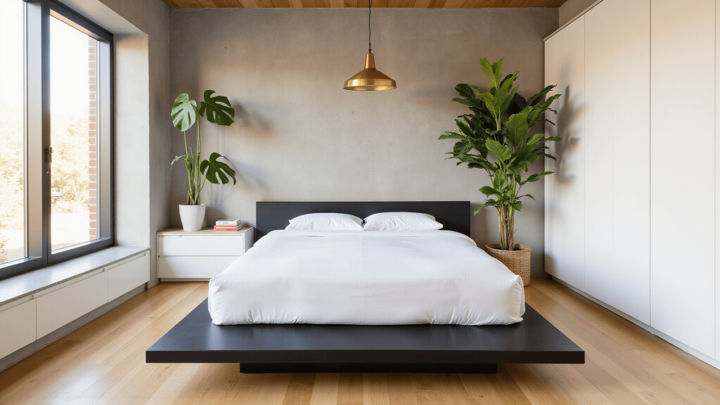 "Modern minimalist bedroom with black platform bed, white linens, brass pendant light, oak flooring, concrete accent wall, large monstera plant, and curated coffee table books"