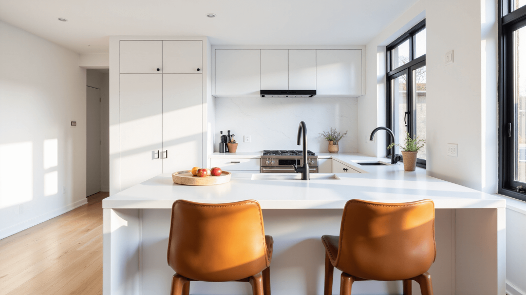 "Modern minimalist kitchen with white quartz countertops, bleached oak floors, matte black fixtures, and Scandinavian leather barstools under natural light"