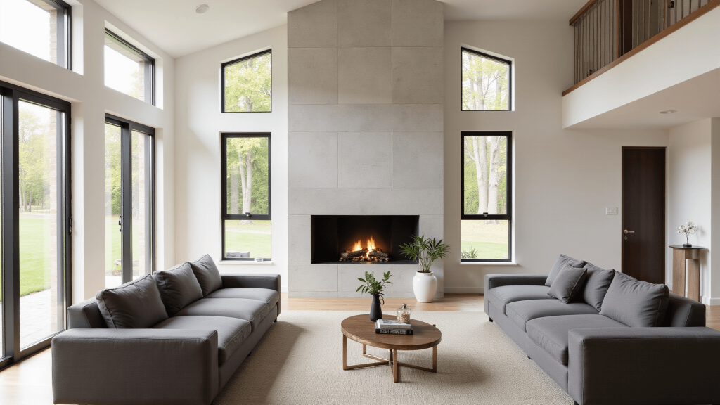 "Modern minimalist living room with a limestone fireplace, floor-to-ceiling windows, charcoal gray sectional sofa, and brass accents in neutral palette."