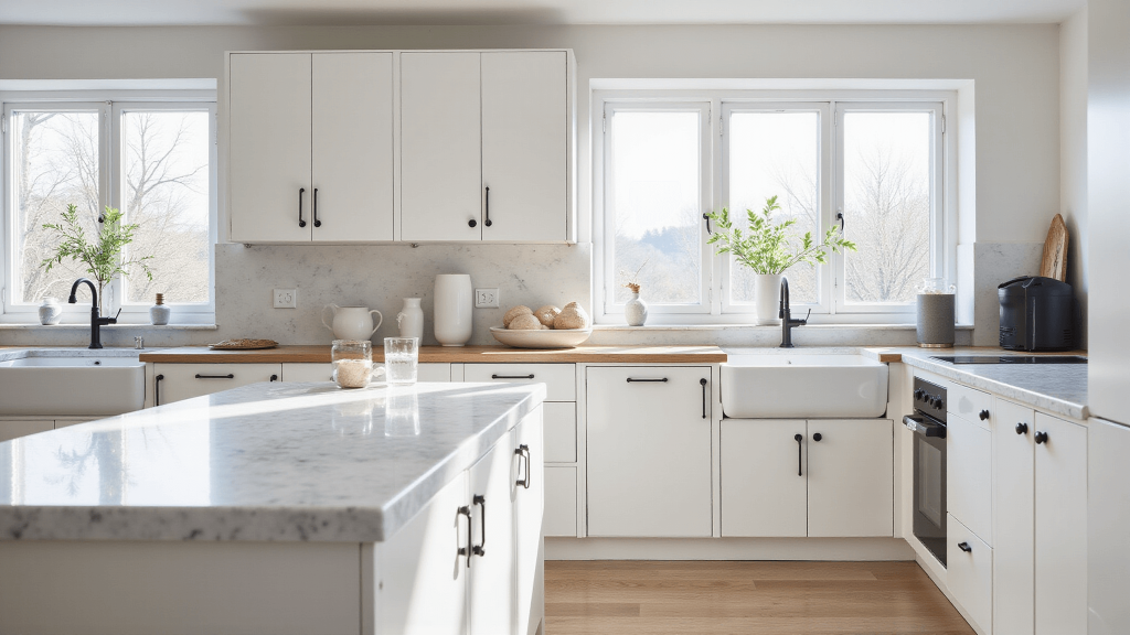 "Scandinavian style kitchen with white cabinets, oak accents, marble island, and natural light from tall windows"