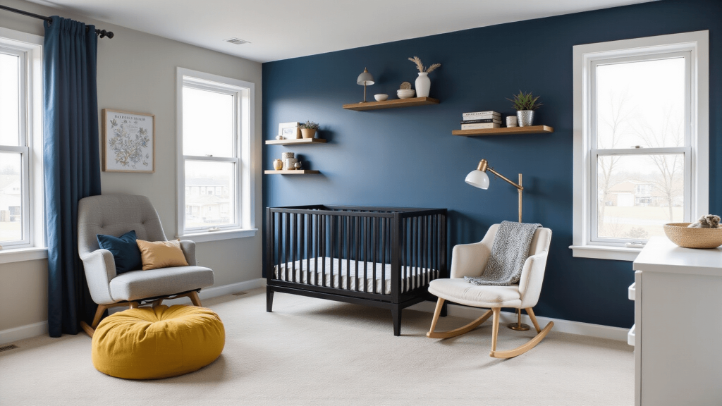 "Modern minimalist nursery with navy accent wall, black crib, floating shelves, gray chair, white dresser and yellow pouf under natural daylight"