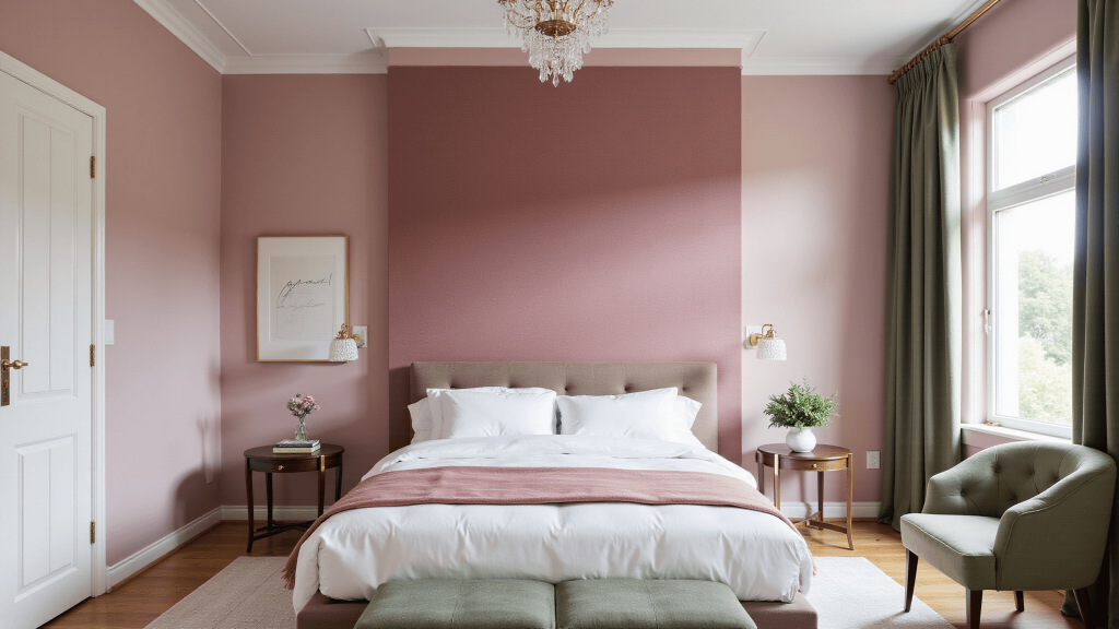 "Modern blush bedroom interior with millennial pink walls, velvet textures, brass accents, sage green accent chair, crystal chandelier and natural sunlight streaming through floor-to-ceiling windows"