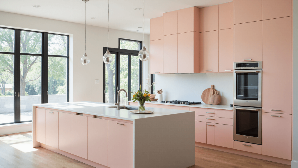 "Modern minimalist sunlit kitchen with blush pink cabinets, white quartz countertops, and stainless steel appliances"