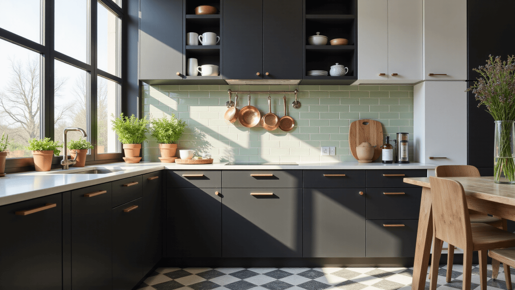 "Modern sage kitchen with black cabinets, copper accents, potted herbs, and sunlight casting shadows on checkerboard floors"