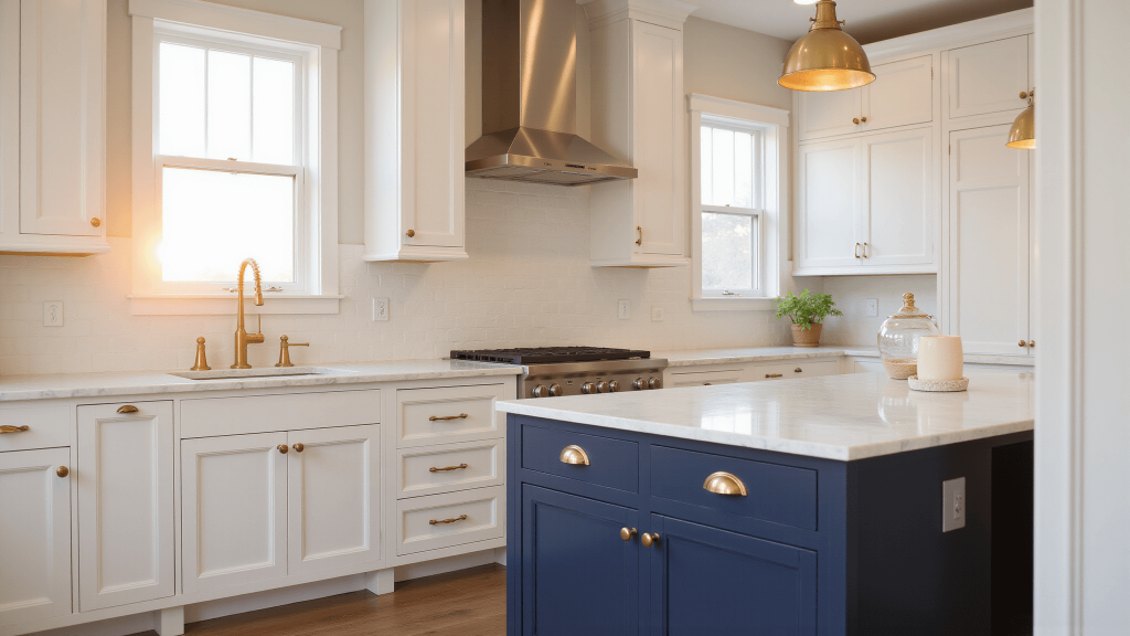 "Modern kitchen with white Shaker cabinets, navy blue island, brass hardware, and marble countertops bathed in warm sunset light"