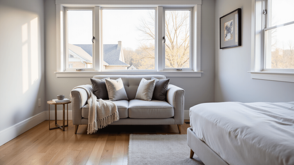 "Modern sunlit bedroom with an elegant loveseat, hardwood floors, and brass accents"