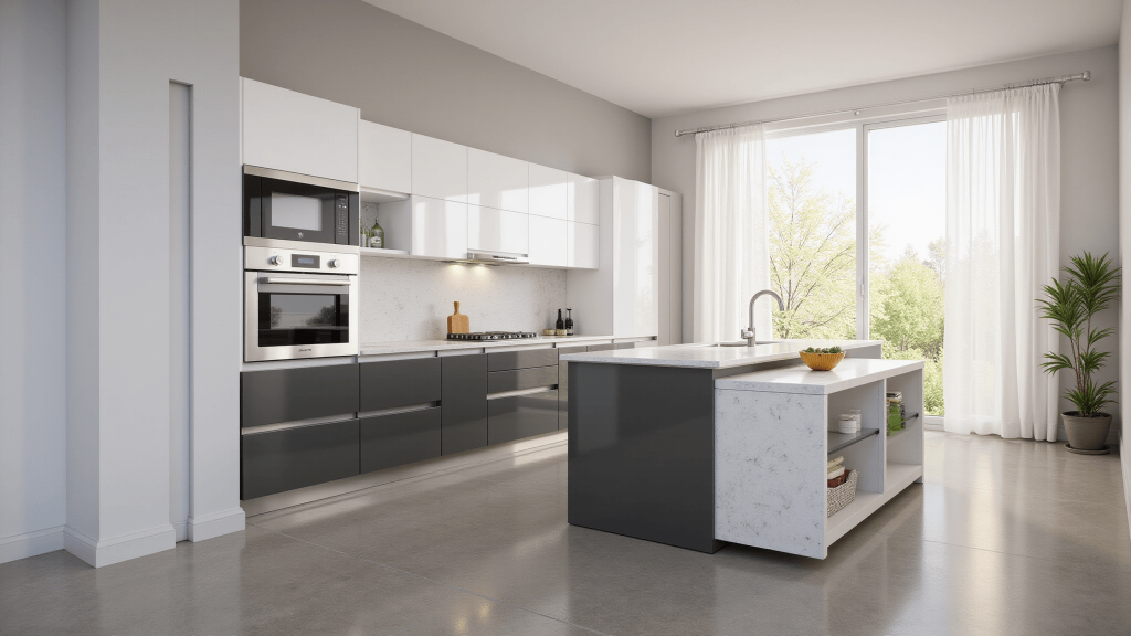 "Modern minimalist kitchen with two toned cabinets, quartz waterfall island, and morning sunlight"