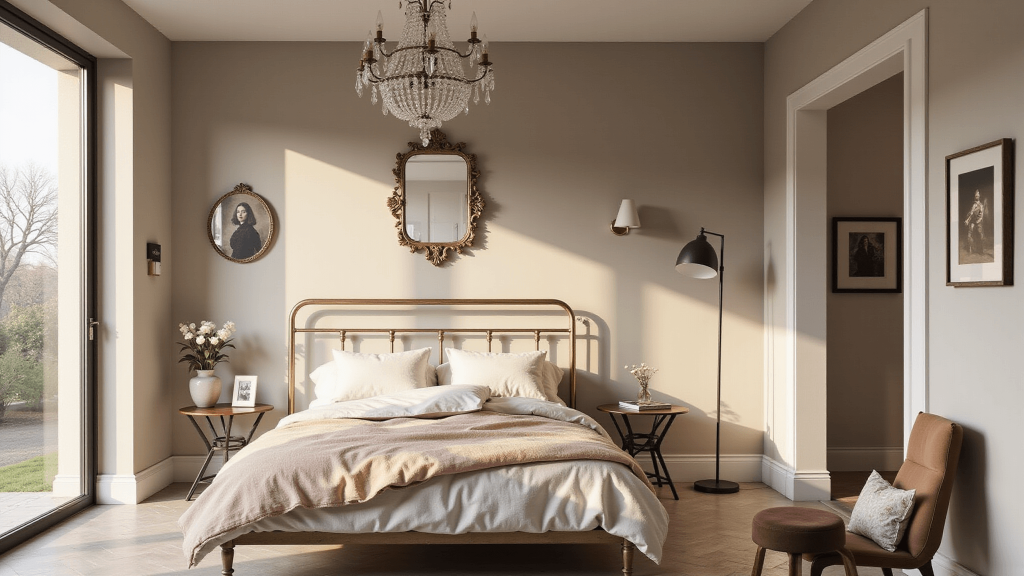 "Vintage bedroom interior with brass bed, crystal chandelier, sunlit windows, warm greige walls adorned with antique mirrors, in soft pastel morning light"