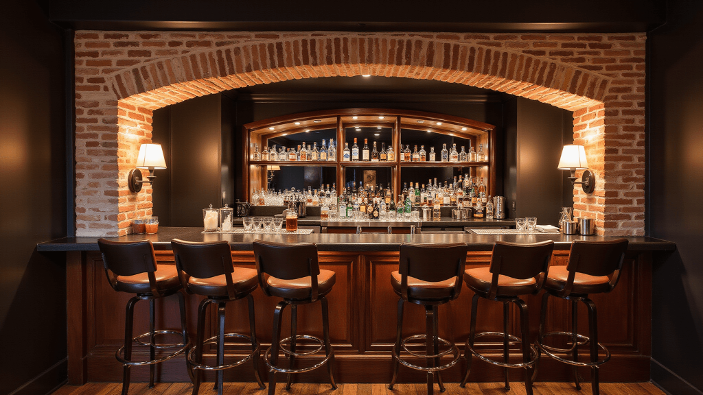 "Moody home bar with copper accents, exposed brick arch, amber lighting, and crystal glasses on a dark wood surface"