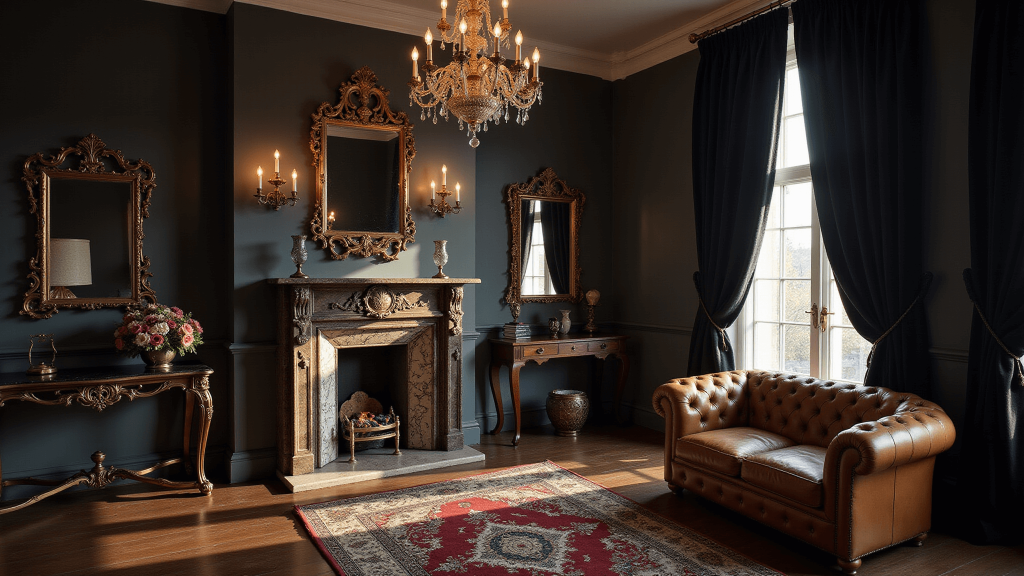 "Victorian living room with black velvet drapes, Chesterfield sofa, marble fireplace, and golden hour lighting"