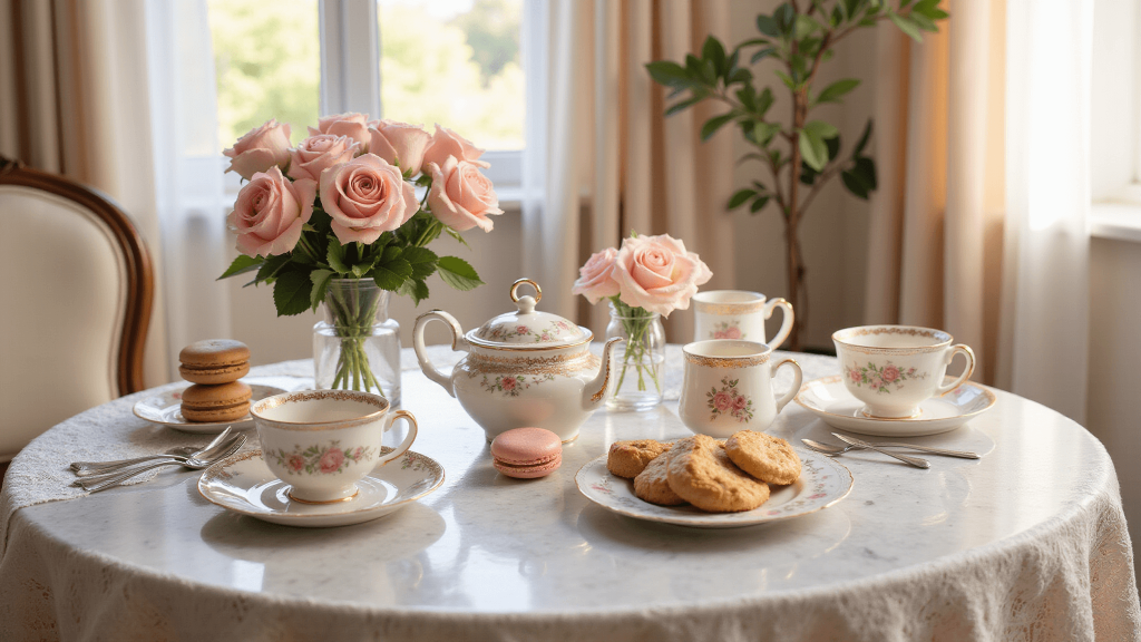 "Sunlit Mother's Day tea setup with pastel flowers, macarons, and scones on a marble table with vintage accents"