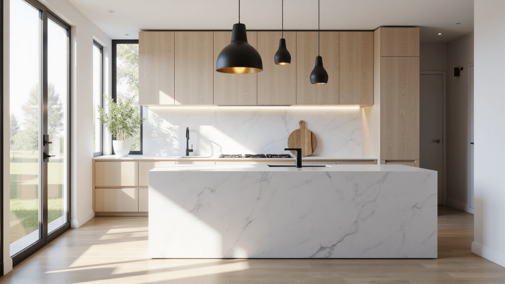 "Nordic style kitchen with white marble countertops, pale oak cabinets, and black pendant lights, bathed in morning sunlight"