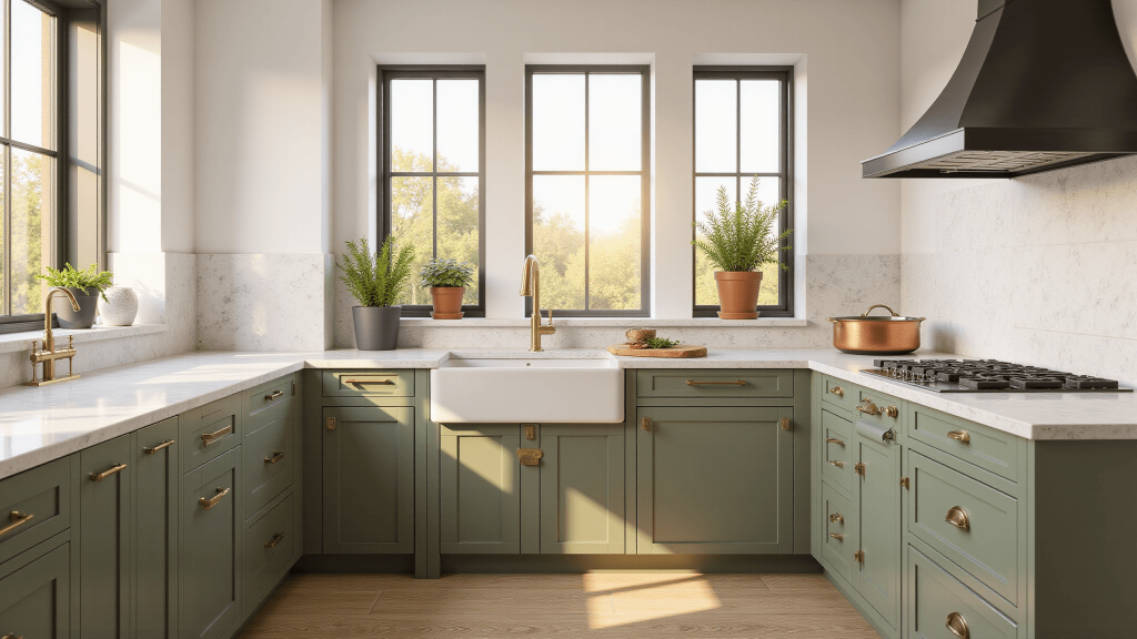"Modern kitchen with olive green cabinets, brass hardware, white marble countertops, natural oak floors, and sunlight streaming through the windows"