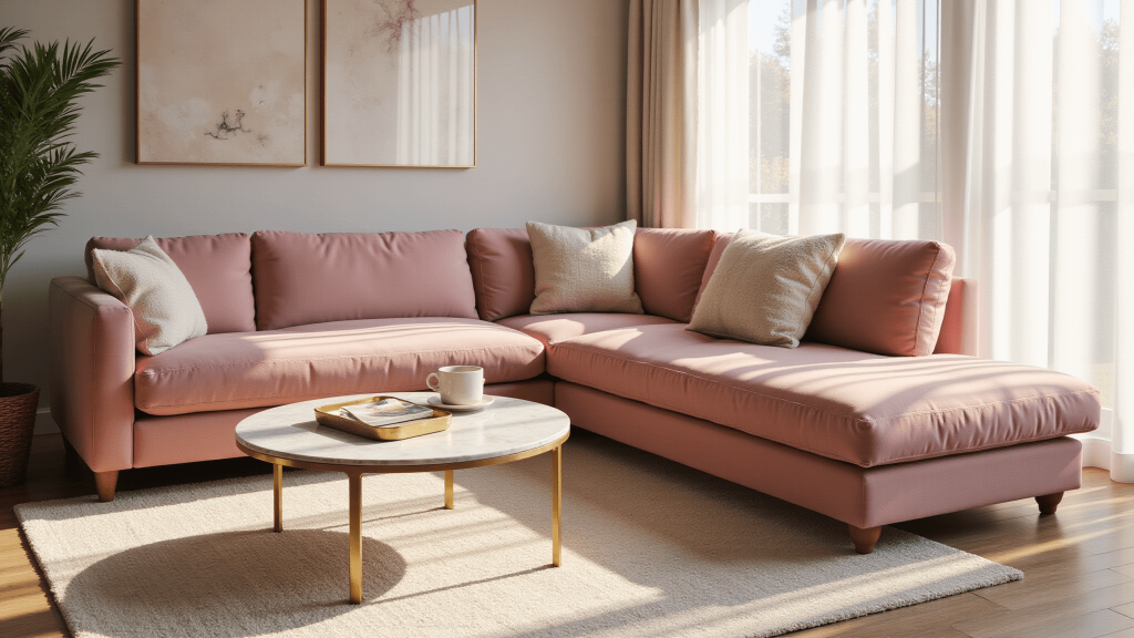 "Sophisticated living room with plush blush pink velvet sofa, marble and brass coffee table, cream textured rugs, and soft neutral-toned pillows, bathed in warm golden hour light"