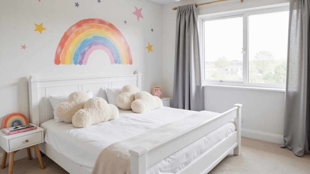 "Kids' bedroom with rainbow mural, white twin bed, cloud pillows, and soft natural light"