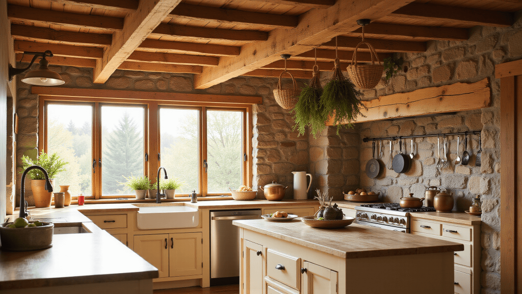 "Rustic kitchen with wooden beams, stone walls, and copper accents in warm morning light."