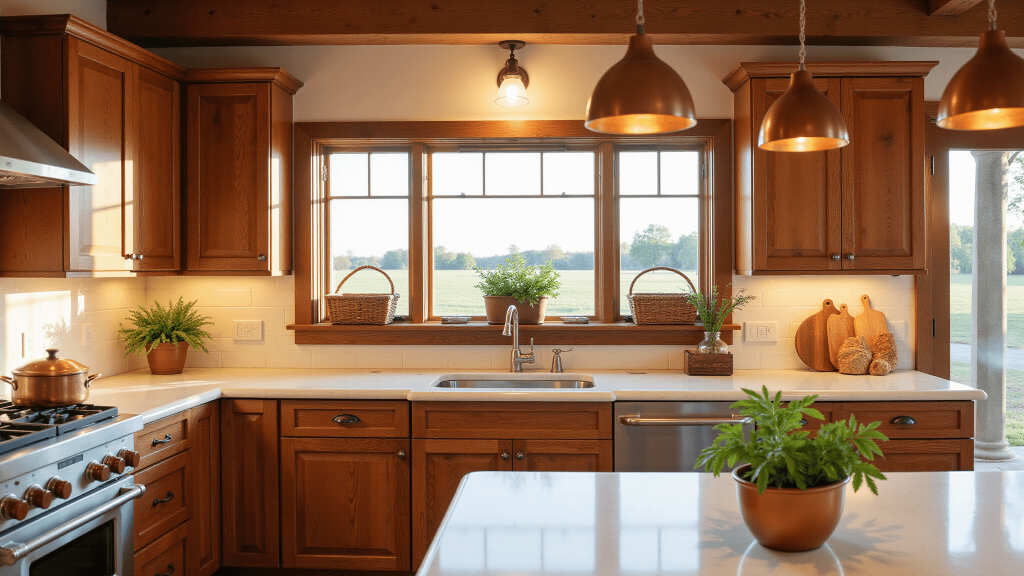 "Sunlit farmhouse kitchen with hickory wood cabinets, cream quartz countertops, and rustic copper accents during golden hour."