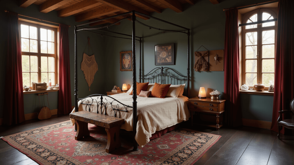 "Rustic boho witchy bedroom interior with iron four-poster bed, vintage rugs, macramé hangings, crystals, Himalayan lamps, and celestial wall art in golden hour light"