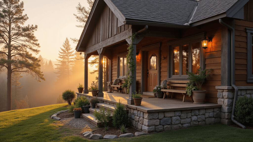 "Rustic cabin with cedar siding and stone foundation during golden hour, surrounded by a misty forest"