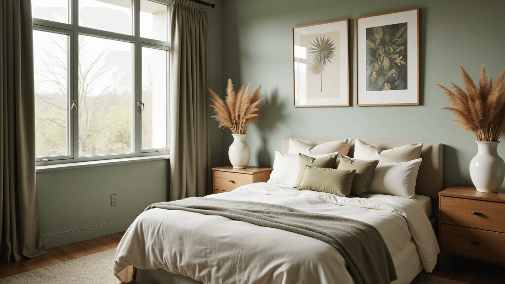 "Sage green bedroom with layered linens, vintage wood nightstands, and botanical gallery wall in morning light"
