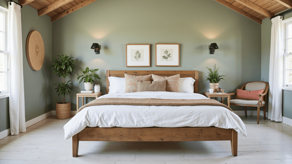 "Sage green farmhouse bedroom with rustic wooden bed, white linen bedding, botanical decor, and warm ambient lighting"