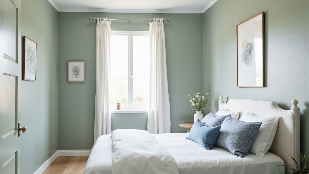 "Small, serene bedroom with sage green walls, white linens, Scandinavian decor, and natural sunlight."