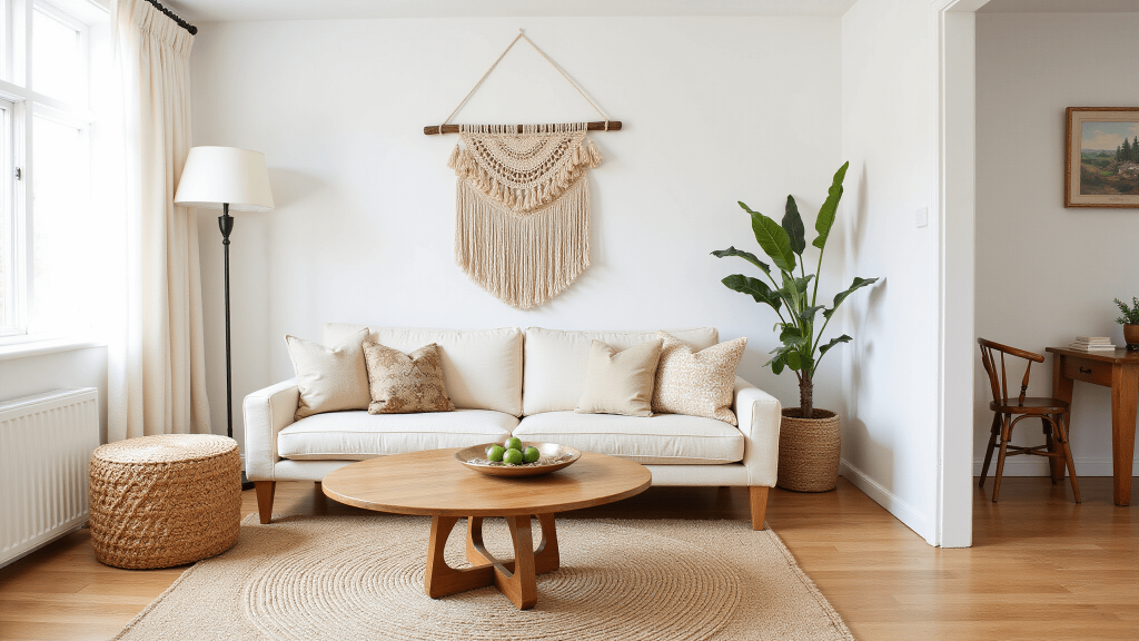 "Sunlit Scandinavian boho living room with cream bouclé sofa, woven jute rug, macrame wall hanging, oak floors, fiddle leaf fig plant, rattan accents and natural light pouring through sheer curtains"