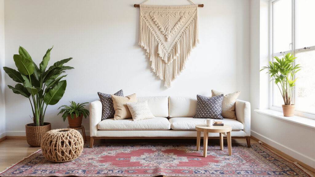 "Sunlit boho-themed living room with minimal styling, featuring a linen sofa, vintage Moroccan rugs, macrame wall hanging, large plants, and fondled by golden hour light"