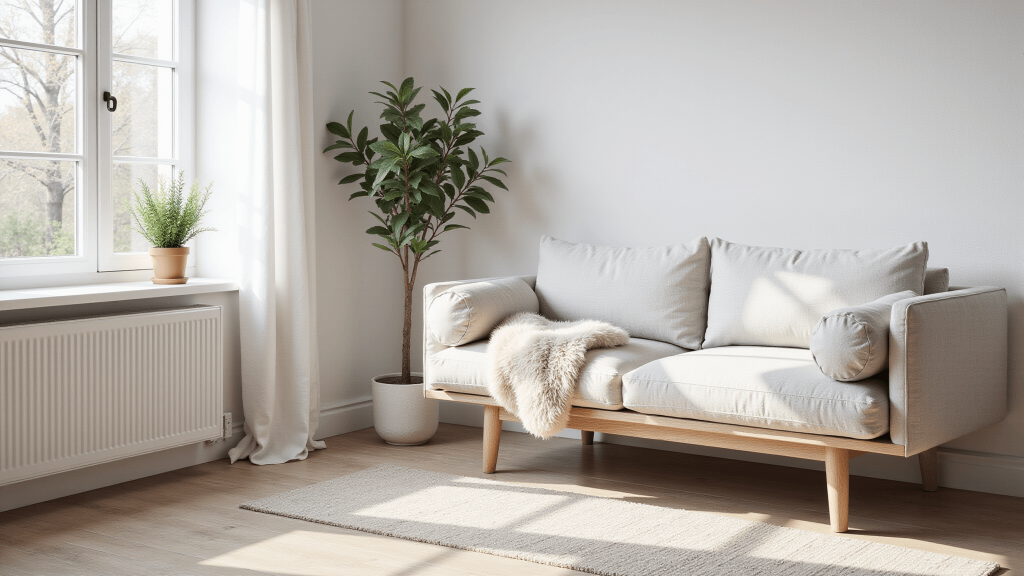 "Scandinavian minimalist living room with white walls and oak furniture, featuring a linen sofa, natural light streaming through windows, sheepskin throw, and a potted plant on clean background"