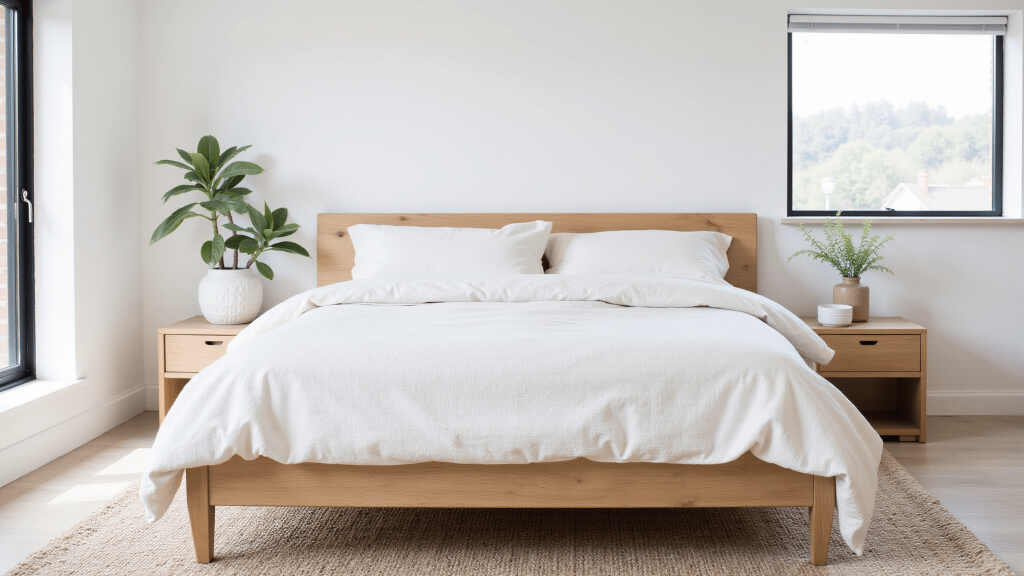 "Scandinavian bedroom with oak platform bed, ivory linens, white walls basking in natural morning light, minimal decor with a sage plant creating a serene atmosphere"