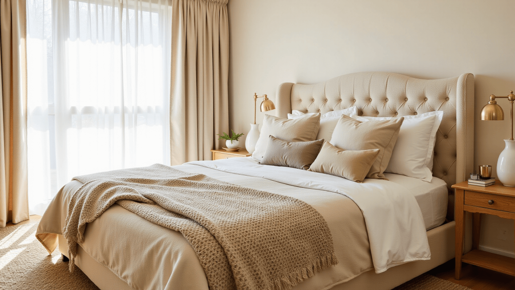 "Serene beige bedroom with bouclé headboard, layered textures, and warm morning light"