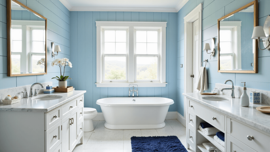 "Serene blue bathroom with white bathtub, marble countertops, and coastal elements illuminated by morning light"