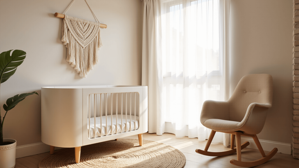 "Morning sunlight illuminating a serene neutral nursery featuring modern cream oval crib, oatmeal-colored rocking chair, macramé wall art, jute rug and soft textures"