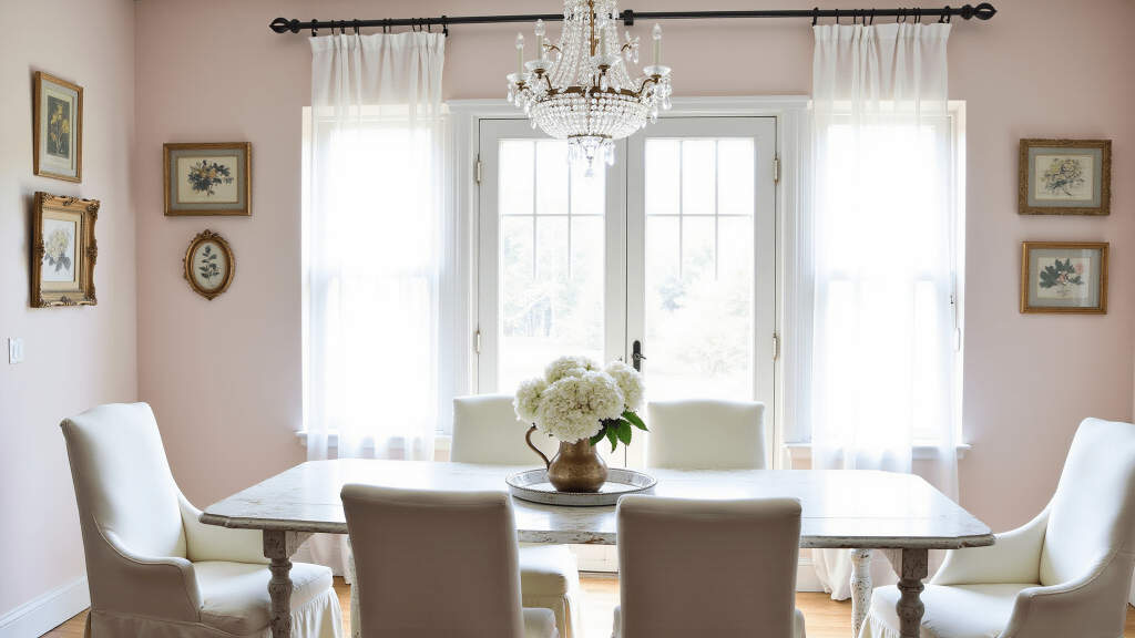 "Shabby chic dining room with sunlit distressed white table, blush walls, French doors, and crystal chandelier"