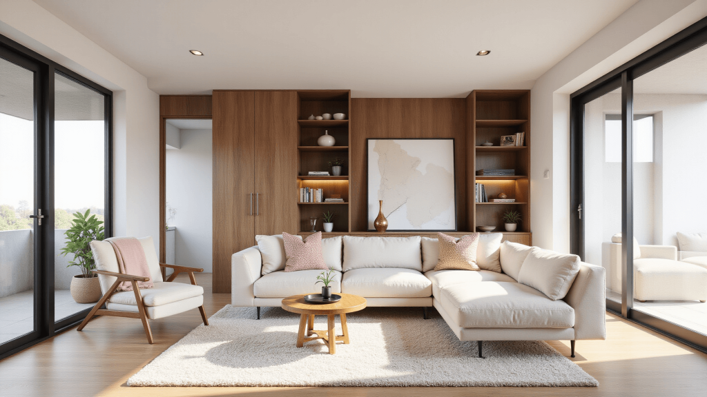 "Small, light-filled living room with neutral tones, curved furniture, vertical storage and layered lighting, featuring an L-shaped sectional and tall floating shelves in warm morning light."