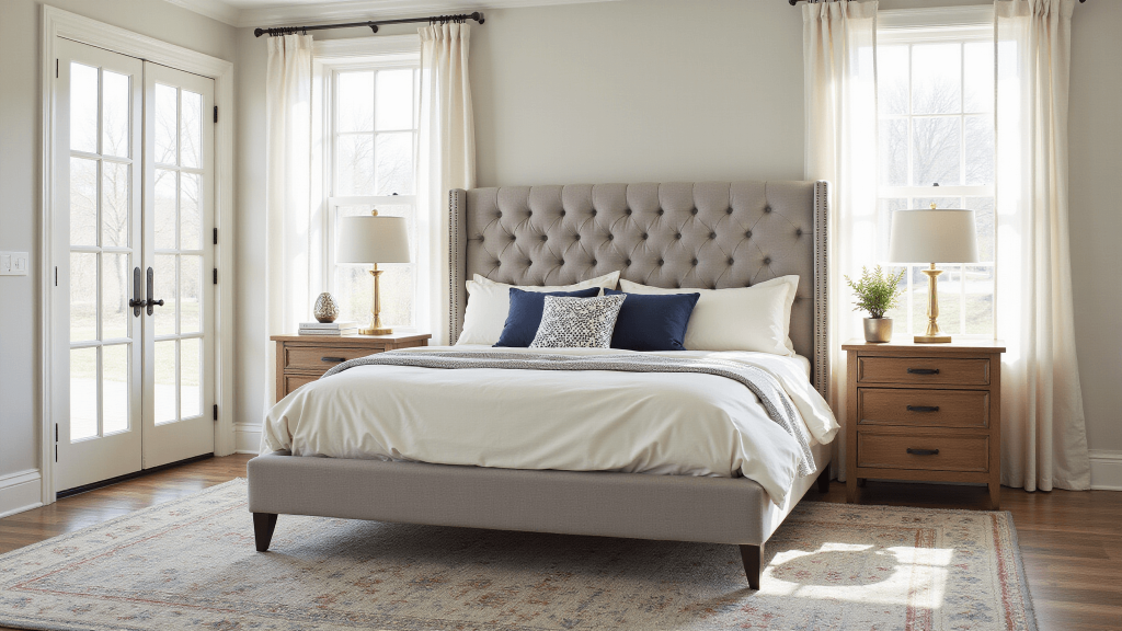 "Sunlit transitional bedroom with dove gray headboard, cream bedding, brass accents, oak nightstands, and navy blue touches, featuring floor-to-ceiling windows and modern-traditional décor."