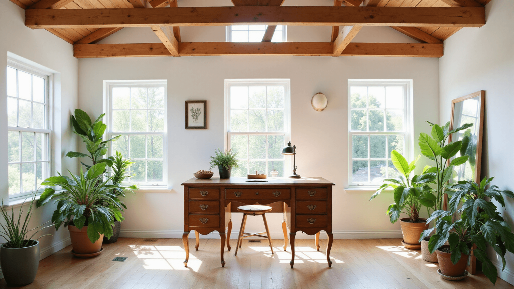 "Serene backyard studio with vaulted ceilings, exposed wooden beams, vintage desk, green plants, and abundant natural light."