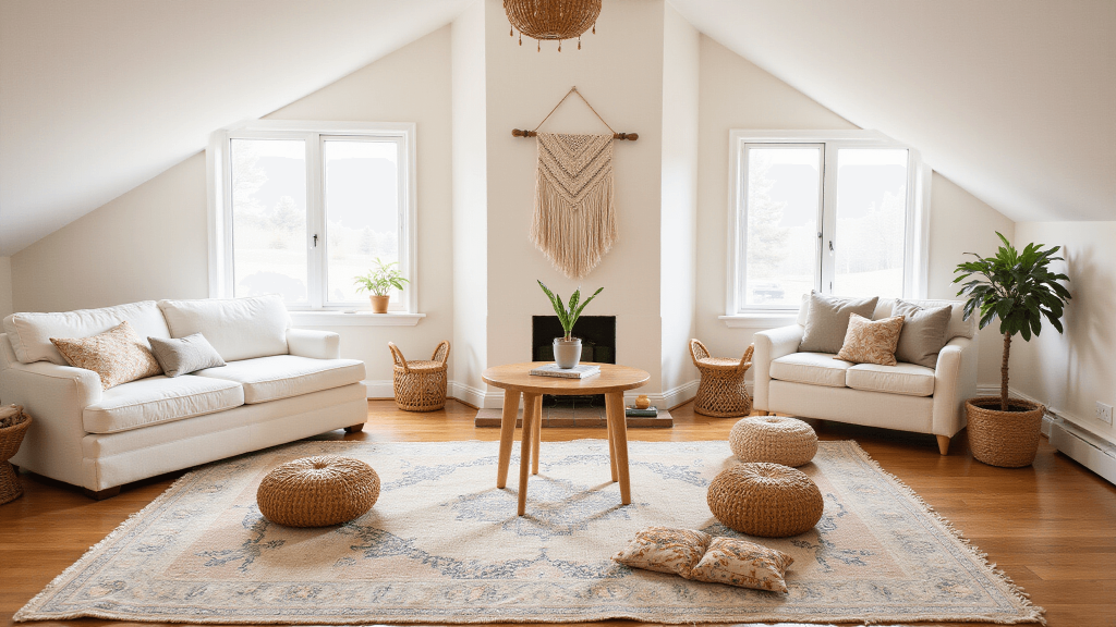 "Sunlit boho playroom with vintage rug, rattan poufs, macrame wall decor, wooden table, vaulted ceiling, and warm golden light."