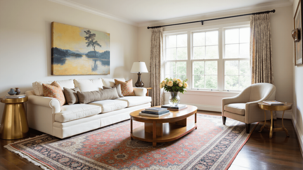 "Timeless living room with ivory curved sofa, Persian rug, brass accents, and large windows allowing golden hour light to create a warm, sophisticated atmosphere"