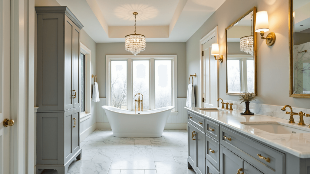 "Luxurious transitional bathroom with freestanding tub, marble herringbone floor, gray double vanity, warm lighting, and elegant brass fixtures"