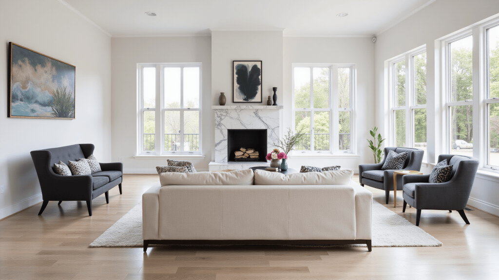 "Transitional living room with cream sofa, charcoal chairs, marble fireplace, white oak floors and natural sunlight streaming through tall windows, designed in a soft neutral palette."
